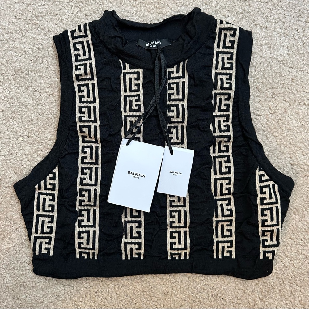 NWT Balmain Monogram wool-blend crop top